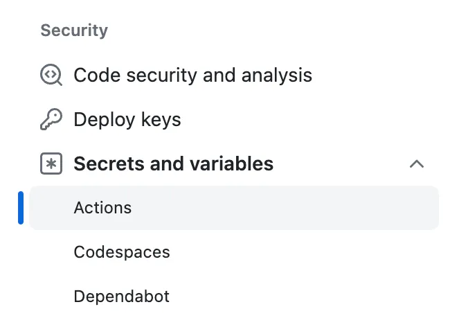 GitHub Actions Secrets menu